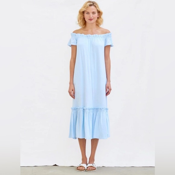 SUNDRY Off Shoulder Cotton Stretch Maxi Sky Blue 2 Medium Tiered Ruffle MADE USA - Picture 2 of 15